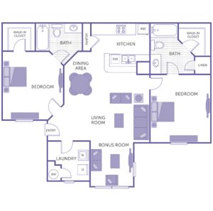 2 bed 2 bath floor plan, kitchen, dining room, living room, bonus room, 2 walk-in closets, 1 linen closet, washer and dryer in unit