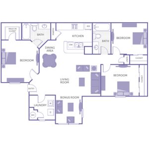 3 bed 2 bath floor plan, kitchen, dining room, living room, 1 walk-in closet, 1 linen closet, 2 closets, washer and dryer in unit